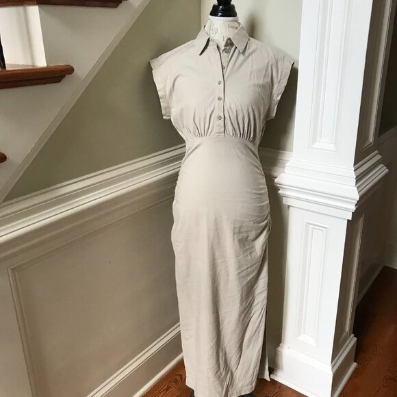 Anthropologie Cap Sleeve Ruched Shirt Dress Womens Small Khaki Tan Stretch Maxi - Picture 3 of 12